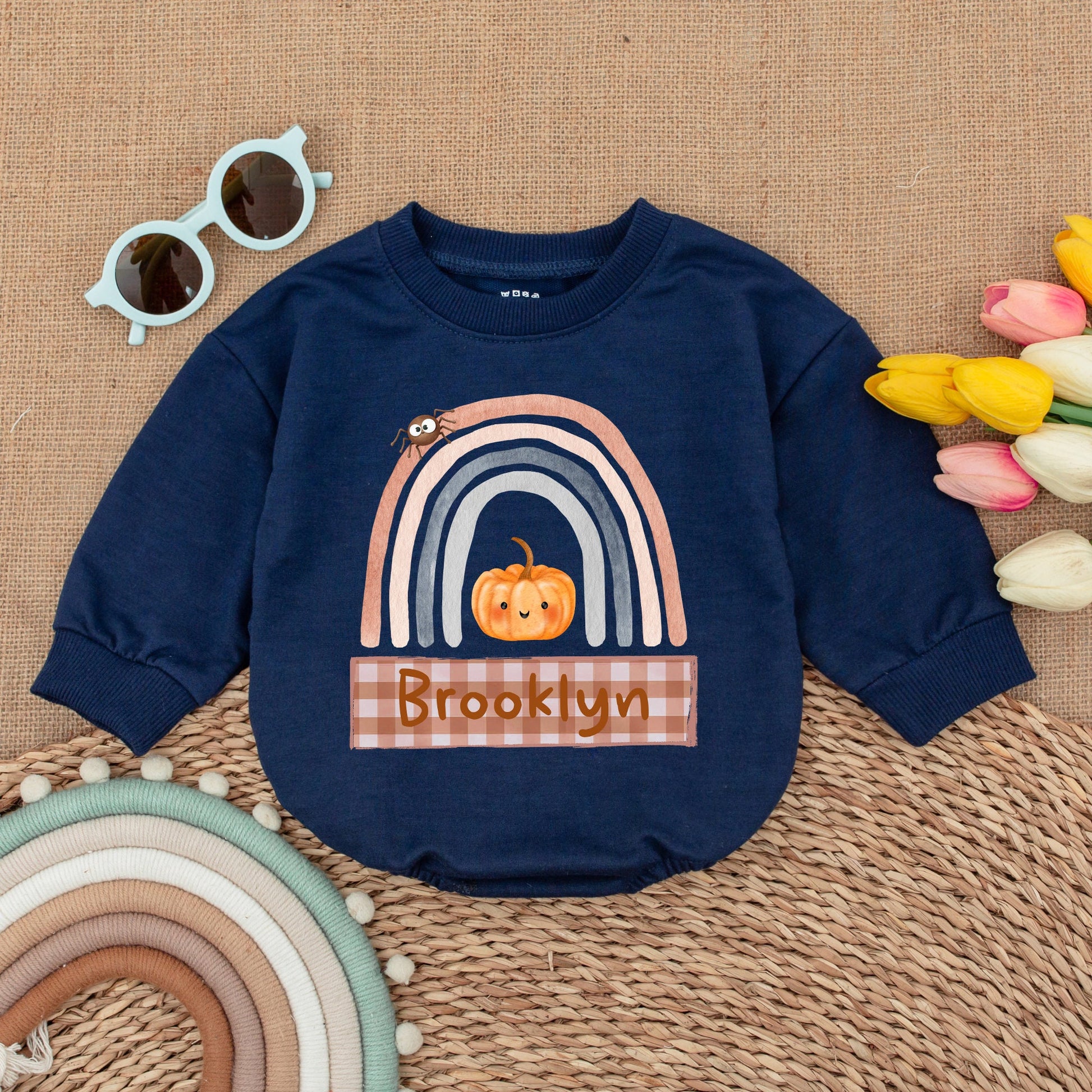 Custom Pumpkin Fall Rainbow Baby Romper Halloween Outfit, Pastel Colors, Spider & Brooklyn Banner, Baby Shower Gift, Fall Newborn Clothes