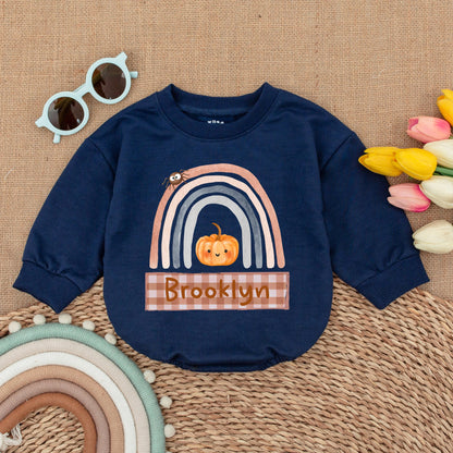 Custom Pumpkin Fall Rainbow Baby Romper Halloween Outfit, Pastel Colors, Spider & Brooklyn Banner, Baby Shower Gift, Fall Newborn Clothes