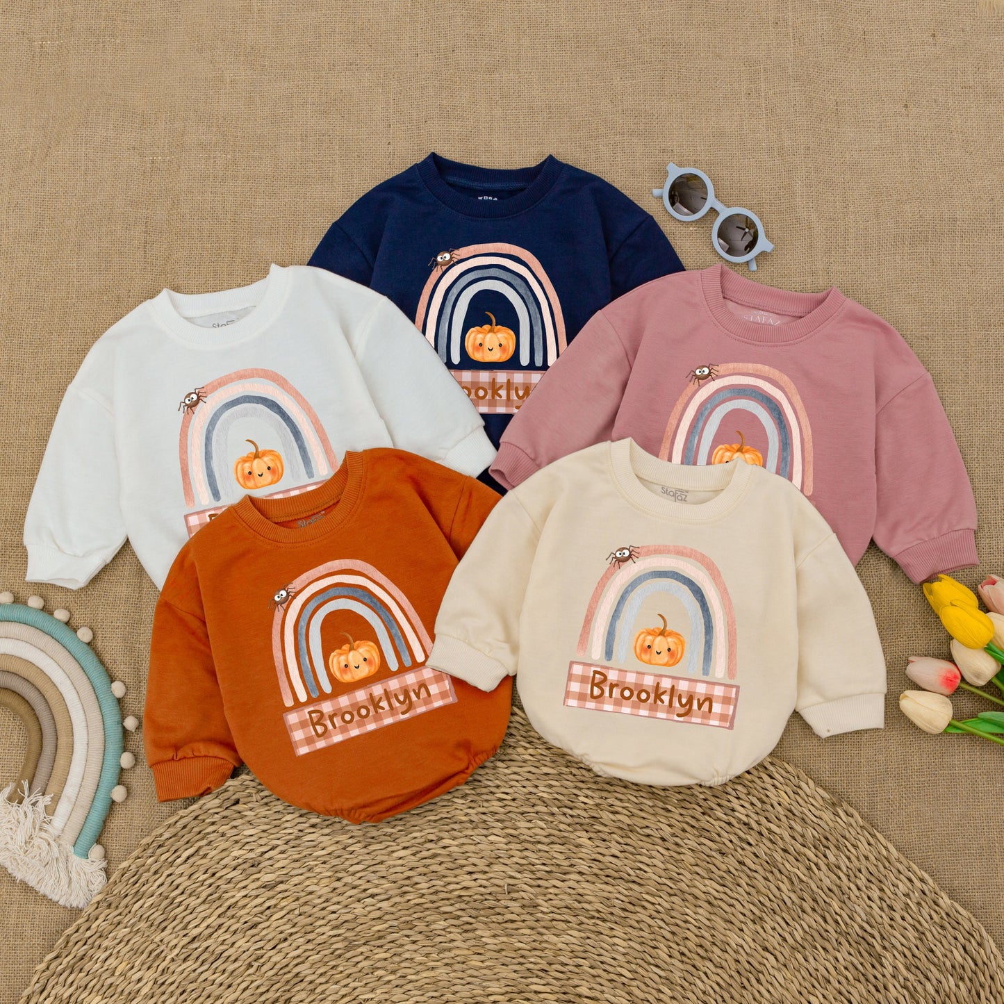 Custom Pumpkin Fall Rainbow Baby Romper Halloween Outfit, Pastel Colors, Spider & Brooklyn Banner, Baby Shower Gift, Fall Newborn Clothes