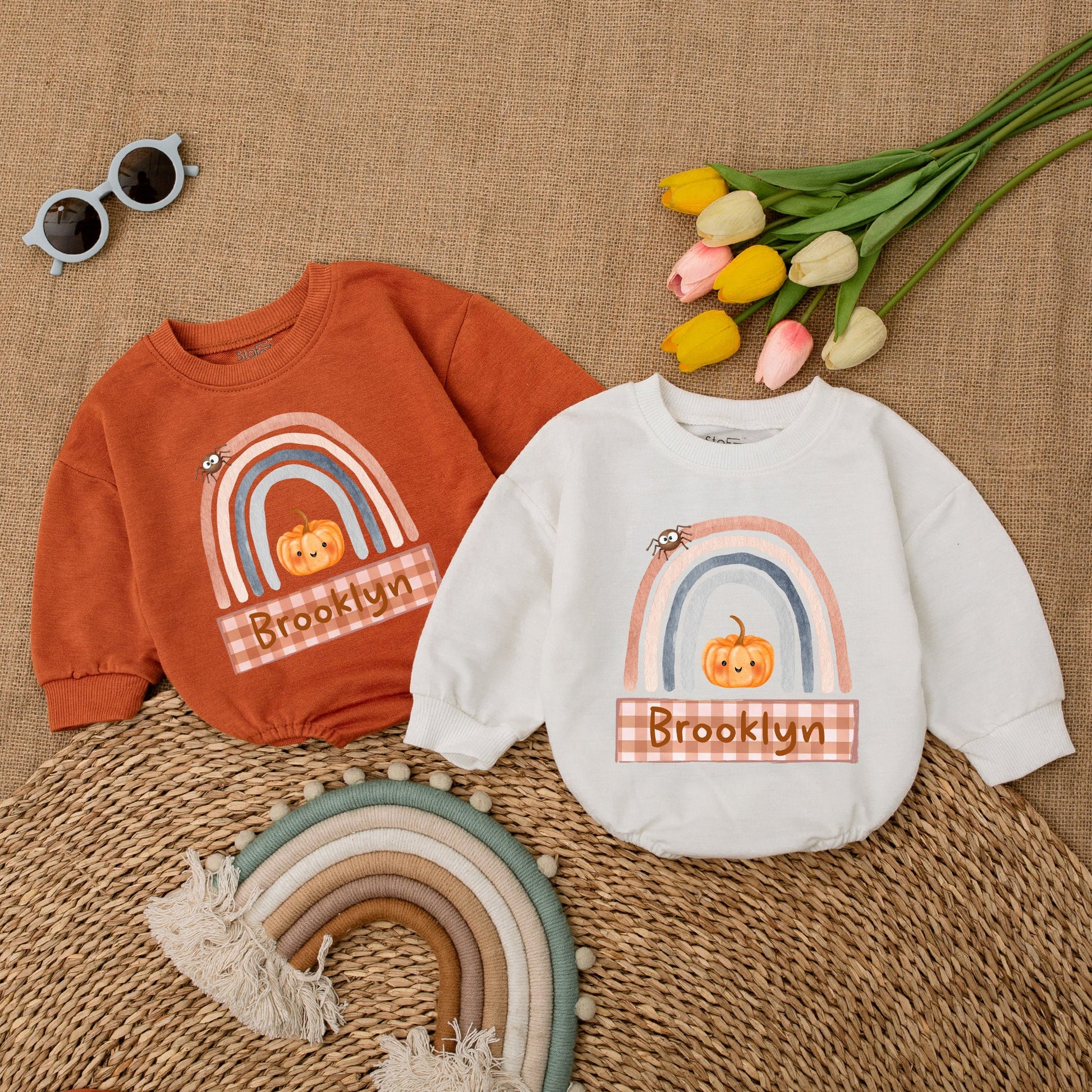 Custom Pumpkin Fall Rainbow Baby Romper Halloween Outfit, Pastel Colors, Spider & Brooklyn Banner, Baby Shower Gift, Fall Newborn Clothes