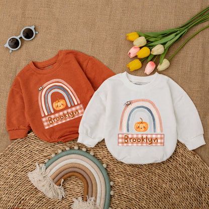 Custom Pumpkin Fall Rainbow Baby Romper Halloween Outfit, Pastel Colors, Spider & Brooklyn Banner, Baby Shower Gift, Fall Newborn Clothes