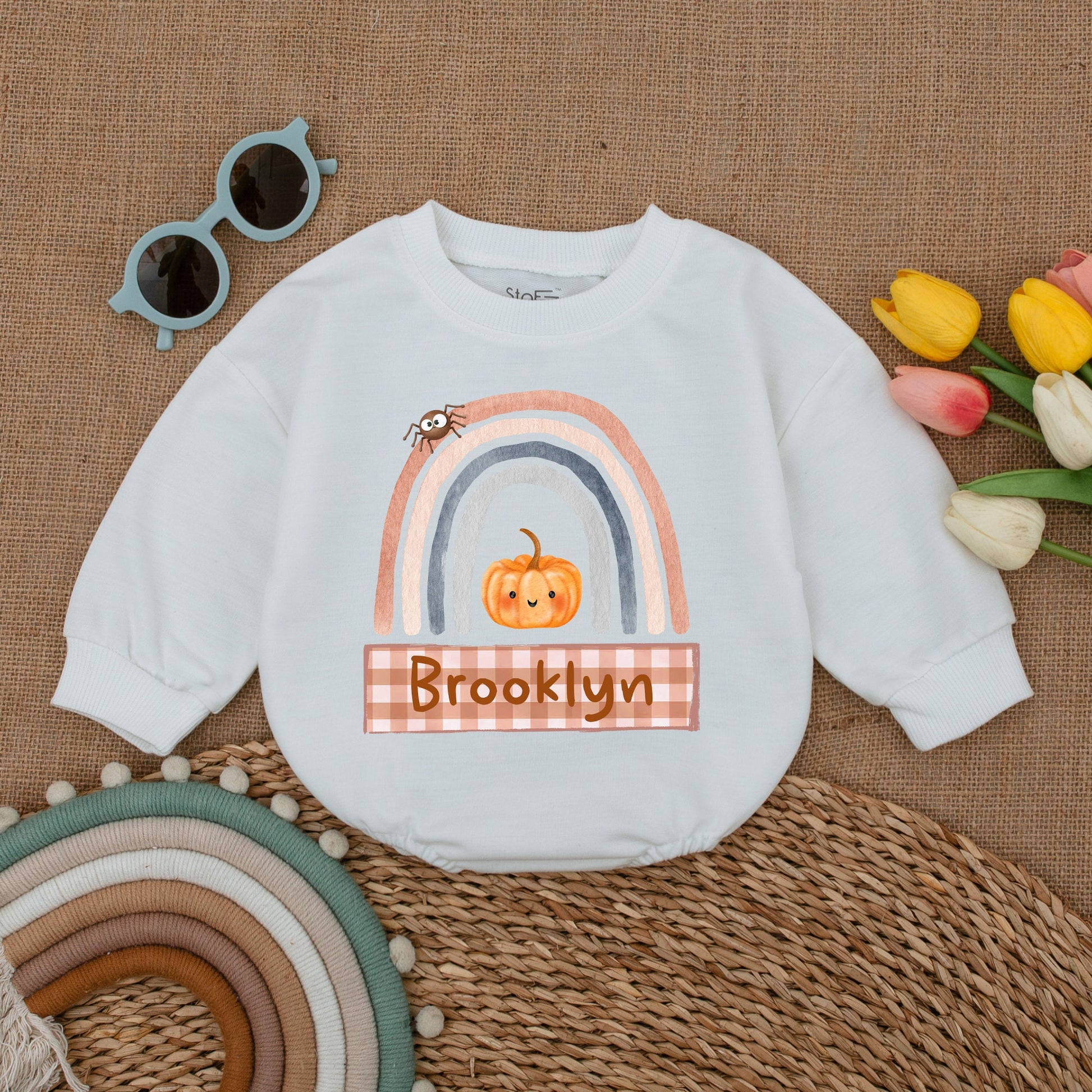 Custom Pumpkin Fall Rainbow Baby Romper Halloween Outfit, Pastel Colors, Spider & Brooklyn Banner, Baby Shower Gift, Fall Newborn Clothes