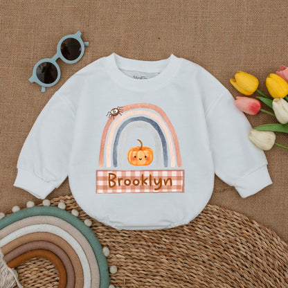 Custom Pumpkin Fall Rainbow Baby Romper Halloween Outfit, Pastel Colors, Spider & Brooklyn Banner, Baby Shower Gift, Fall Newborn Clothes