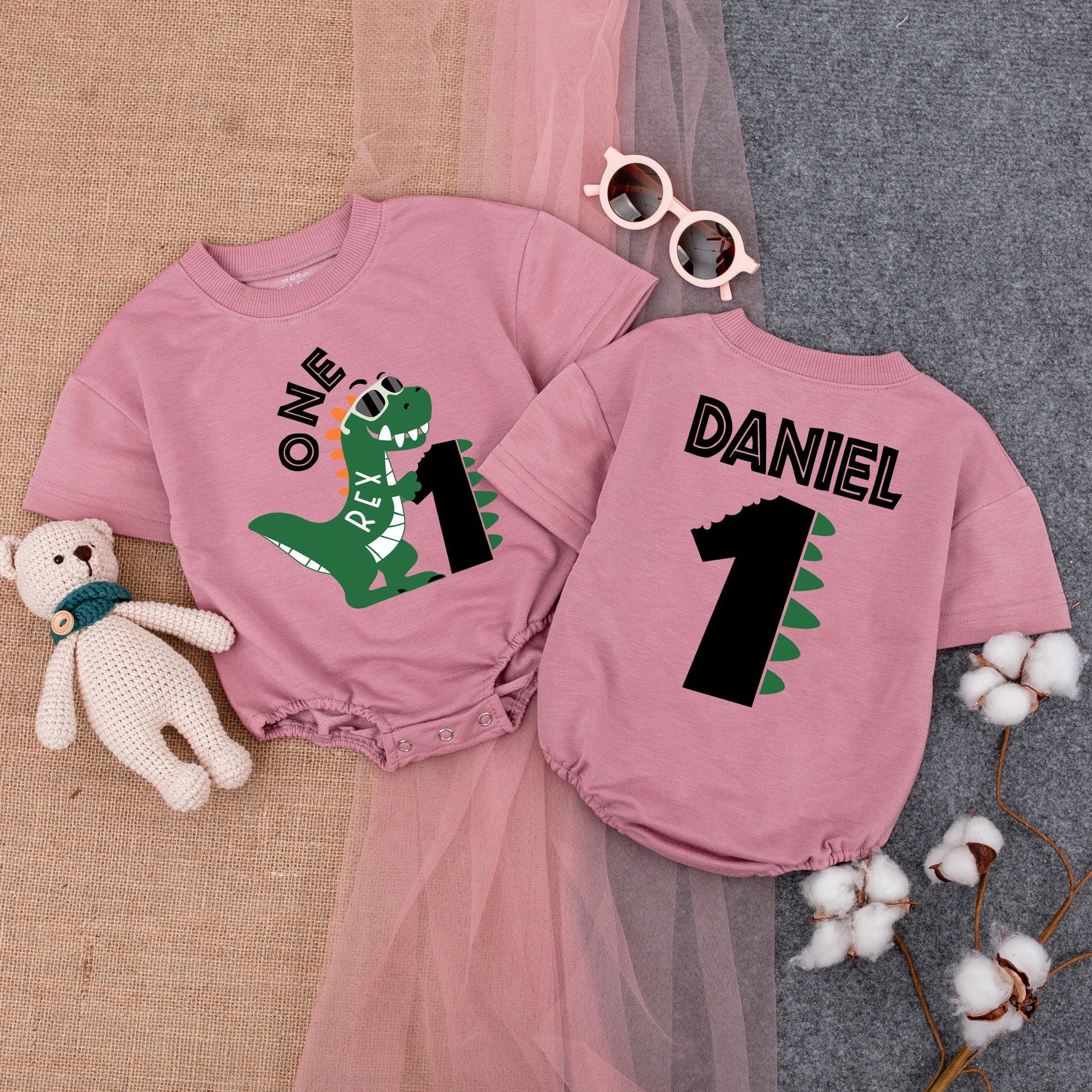 Personalized Dinosaur Birthday Boy Romper "One Rex" Cartoon Dino Sunglasses First Birthday Outfit Cute Dino Spikes 1st Birthday Boy Clothes