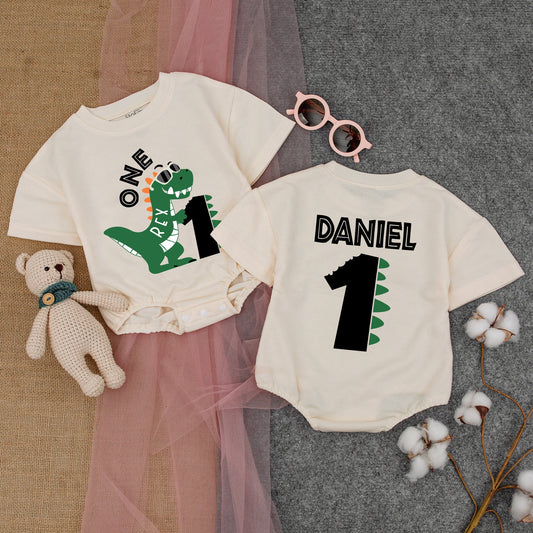 Personalized Dinosaur Birthday Boy Romper "One Rex" Cartoon Dino Sunglasses First Birthday Outfit Cute Dino Spikes 1st Birthday Boy Clothes