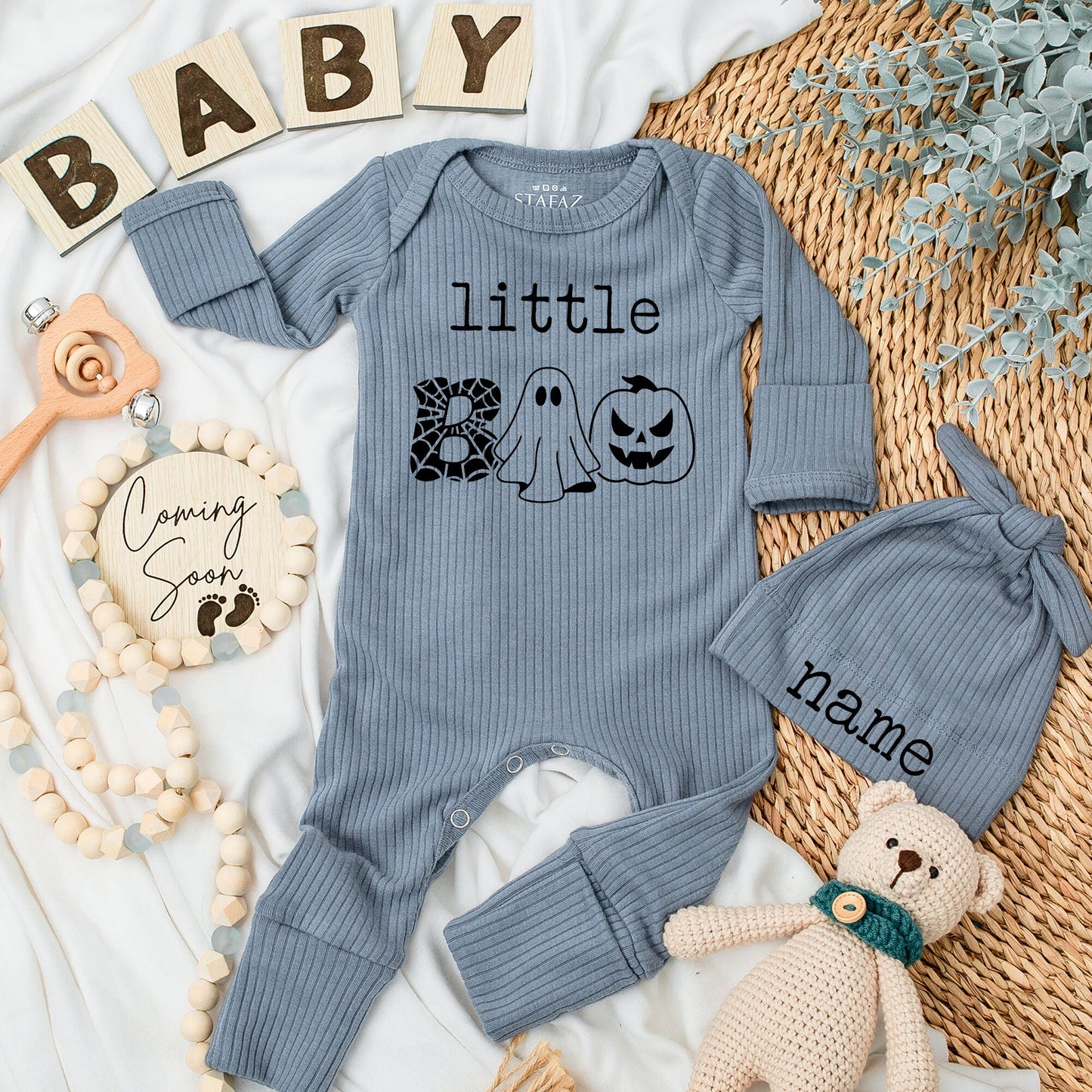 Little Boo Halloween Bodysuit & Hat Set - Custom Name First Thanksgiving Outfit, Cute Ghost Pumpkin Infant Fall Baby Shower Gift Set (139 chars)
