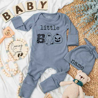Little Boo Halloween Bodysuit & Hat Set - Custom Name First Thanksgiving Outfit, Cute Ghost Pumpkin Infant Fall Baby Shower Gift Set (139 chars)