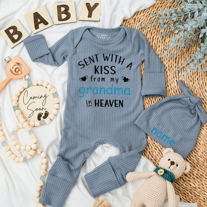 Sent With A Kiss From Grandma In Heaven Baby Bodysuit Blue Black Winged Heart Design, Personalized Guardian Angel Baby Shower Gift Newborn Apparel