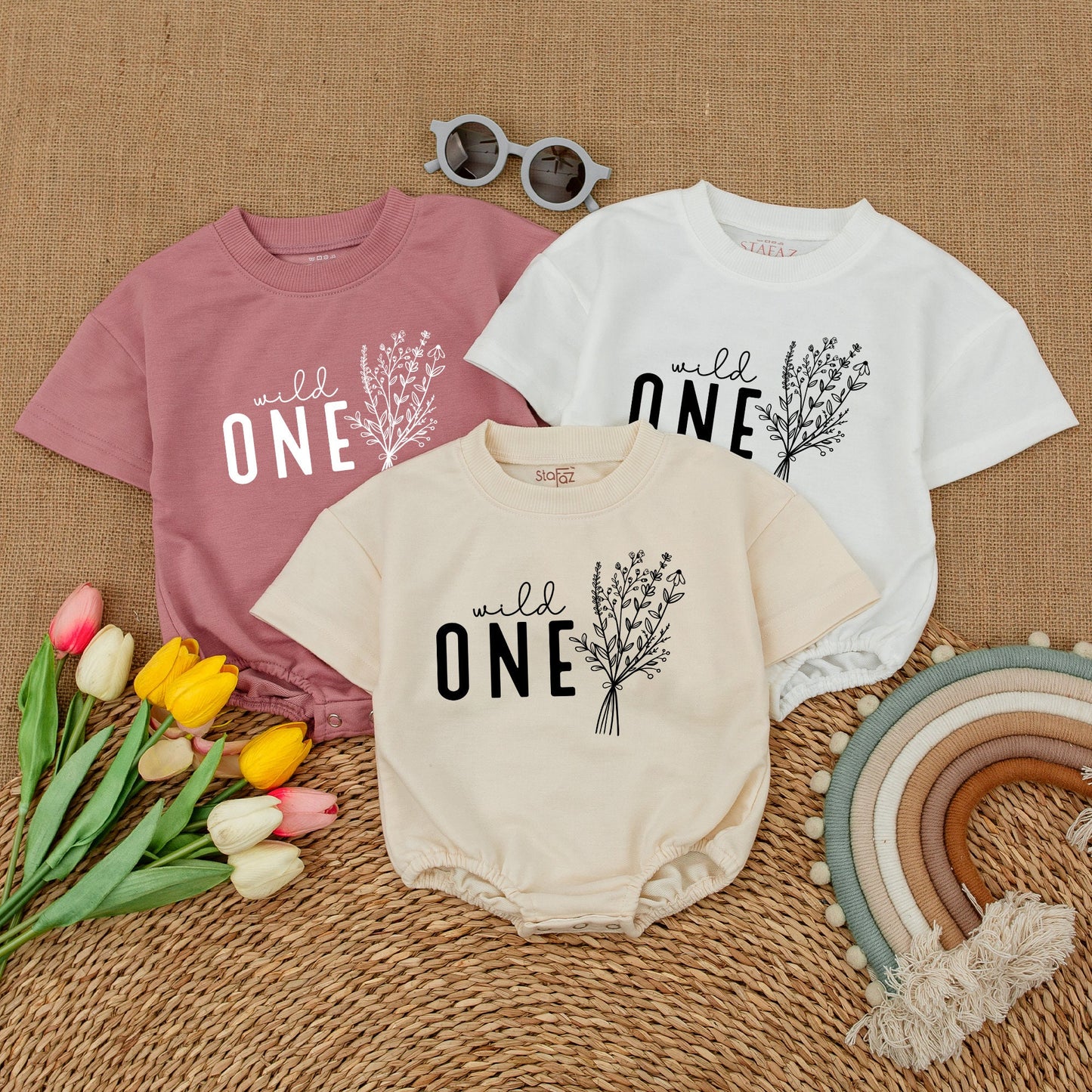 Wild One Birthday Romper Baby Girl, Wildflower Cake Smash Outfit, Daisy Newborn Bubble Romper, Short Sleeve, Boho First Birthday Outfit Clothes Gift
