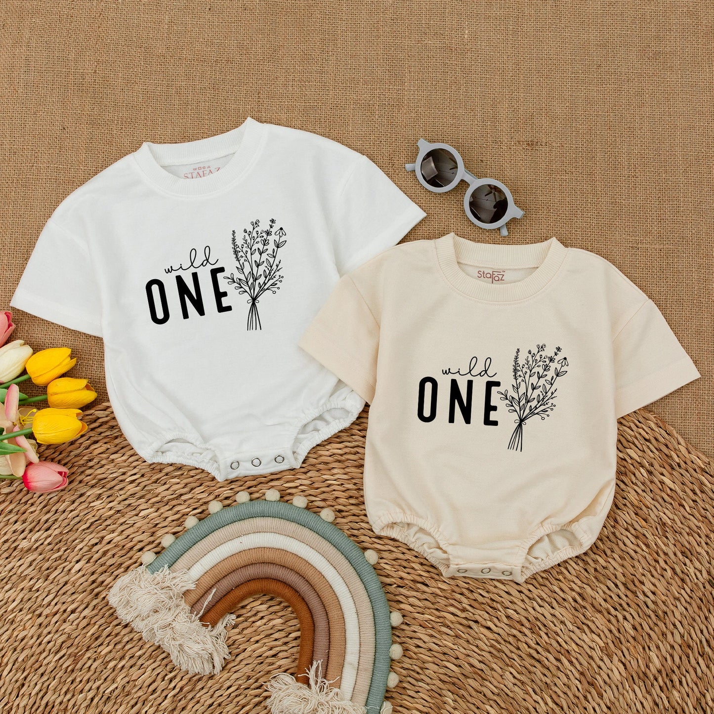 Wild One Birthday Romper Baby Girl, Wildflower Cake Smash Outfit, Daisy Newborn Bubble Romper, Short Sleeve, Boho First Birthday Outfit Clothes Gift