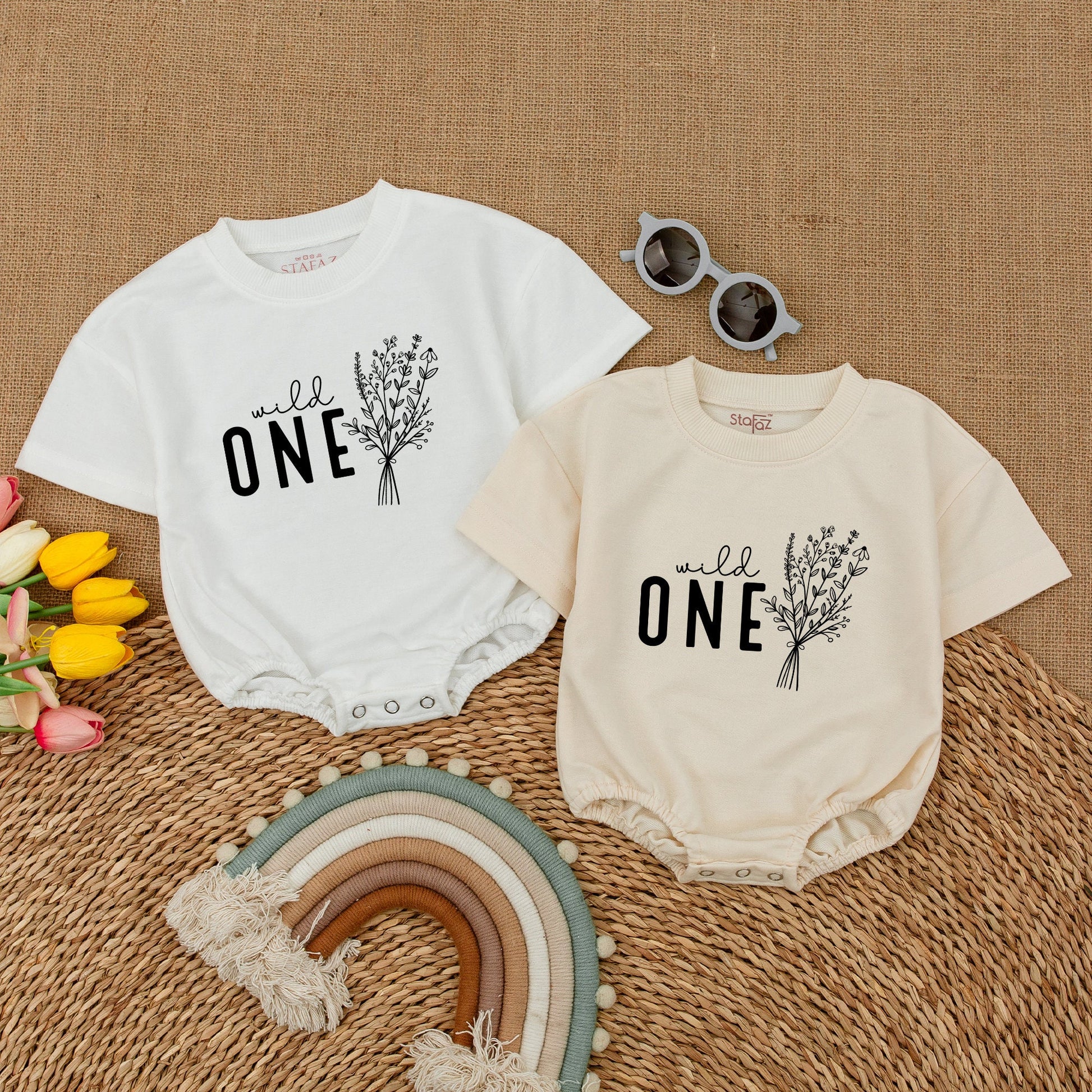 Wild One Birthday Romper Baby Girl, Wildflower Cake Smash Outfit, Daisy Newborn Bubble Romper, Short Sleeve, Boho First Birthday Outfit Clothes Gift