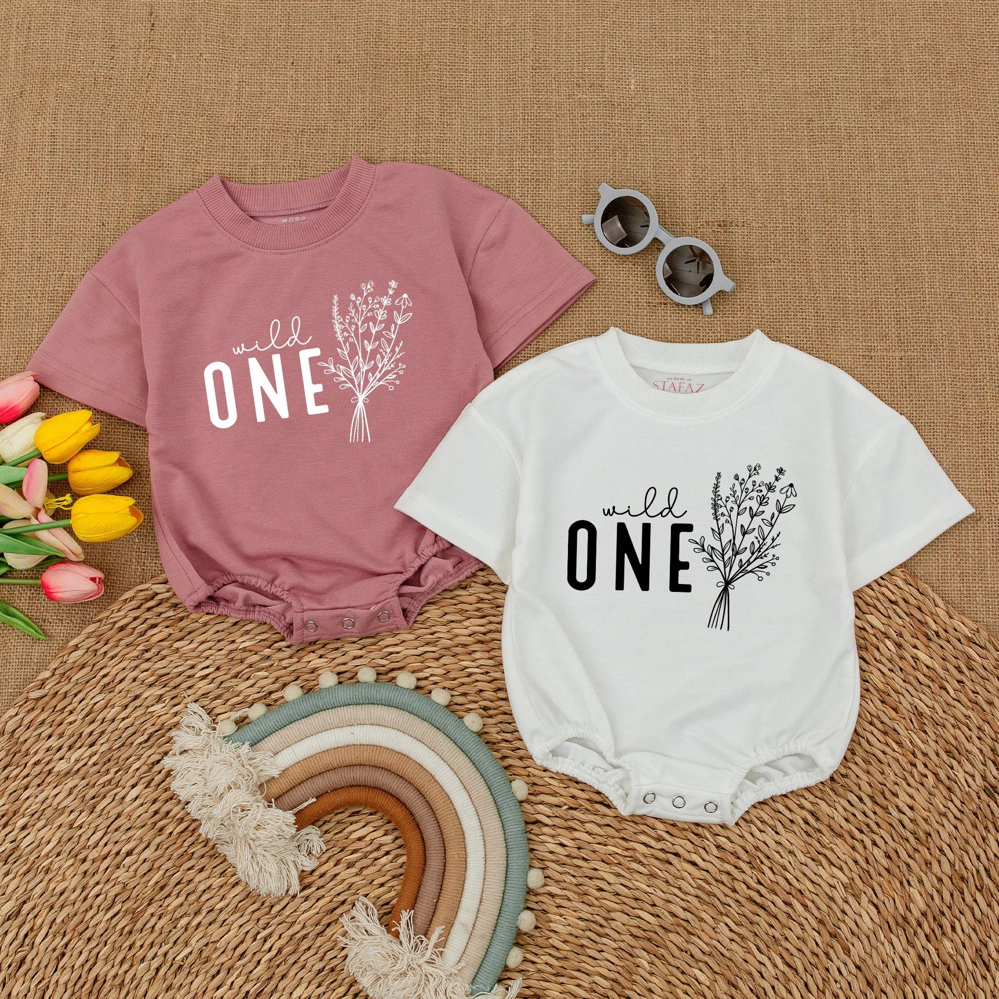 Wild One Birthday Romper Baby Girl, Wildflower Cake Smash Outfit, Daisy Newborn Bubble Romper, Short Sleeve, Boho First Birthday Outfit Clothes Gift