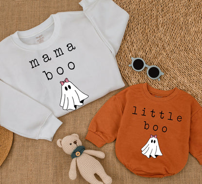 Matching Mama Little Boo Family Halloween Sweatshirts Cute Ghost Pink Bow Design, Cozy Fall Mommy and Me Outfits for All Ages and Gifting