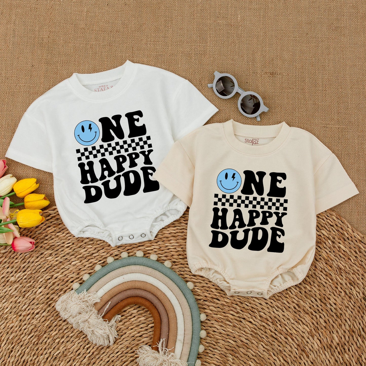 Personalized One Happy Dude Romper, Blue Lightning Bolt Smiley Face Birthday Outfit, Custom Parker First Birthday Clothes, Cool Boy Romper, Matching Family Party (137 chars)
