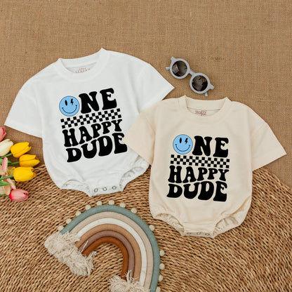 Personalized One Happy Dude Romper, Blue Lightning Bolt Smiley Face Birthday Outfit, Custom Parker First Birthday Clothes, Cool Boy Romper, Matching Family Party (137 chars)