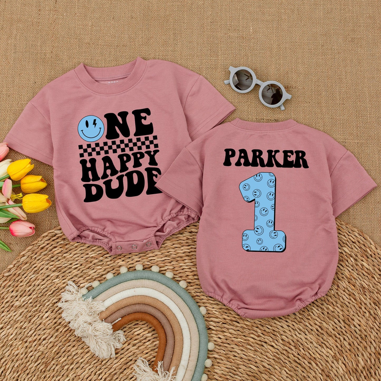 Personalized One Happy Dude Romper, Blue Lightning Bolt Smiley Face Birthday Outfit, Custom Parker First Birthday Clothes, Cool Boy Romper, Matching Family Party (137 chars)