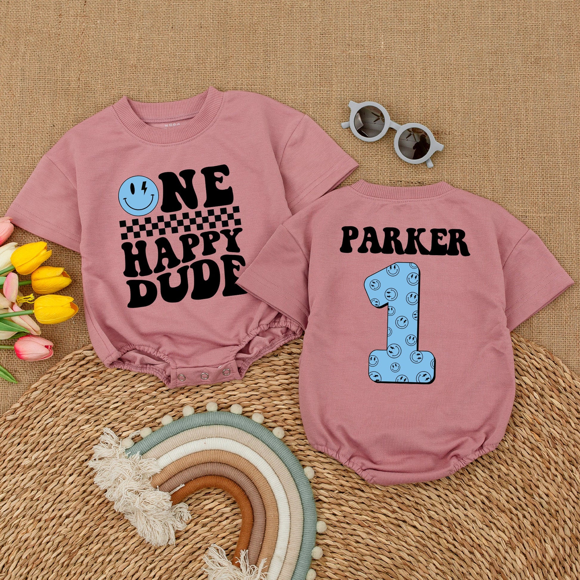 Personalized One Happy Dude Romper, Blue Lightning Bolt Smiley Face Birthday Outfit, Custom Parker First Birthday Clothes, Cool Boy Romper, Matching Family Party (137 chars)