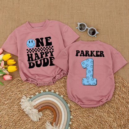 Personalized One Happy Dude Romper, Blue Lightning Bolt Smiley Face Birthday Outfit, Custom Parker First Birthday Clothes, Cool Boy Romper, Matching Family Party (137 chars)