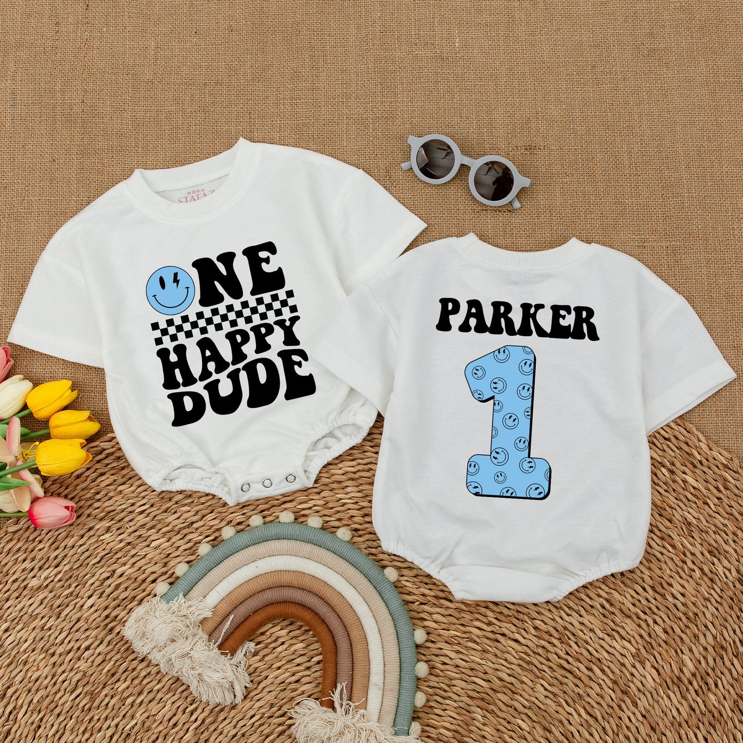 Personalized One Happy Dude Romper, Blue Lightning Bolt Smiley Face Birthday Outfit, Custom Parker First Birthday Clothes, Cool Boy Romper, Matching Family Party (137 chars)