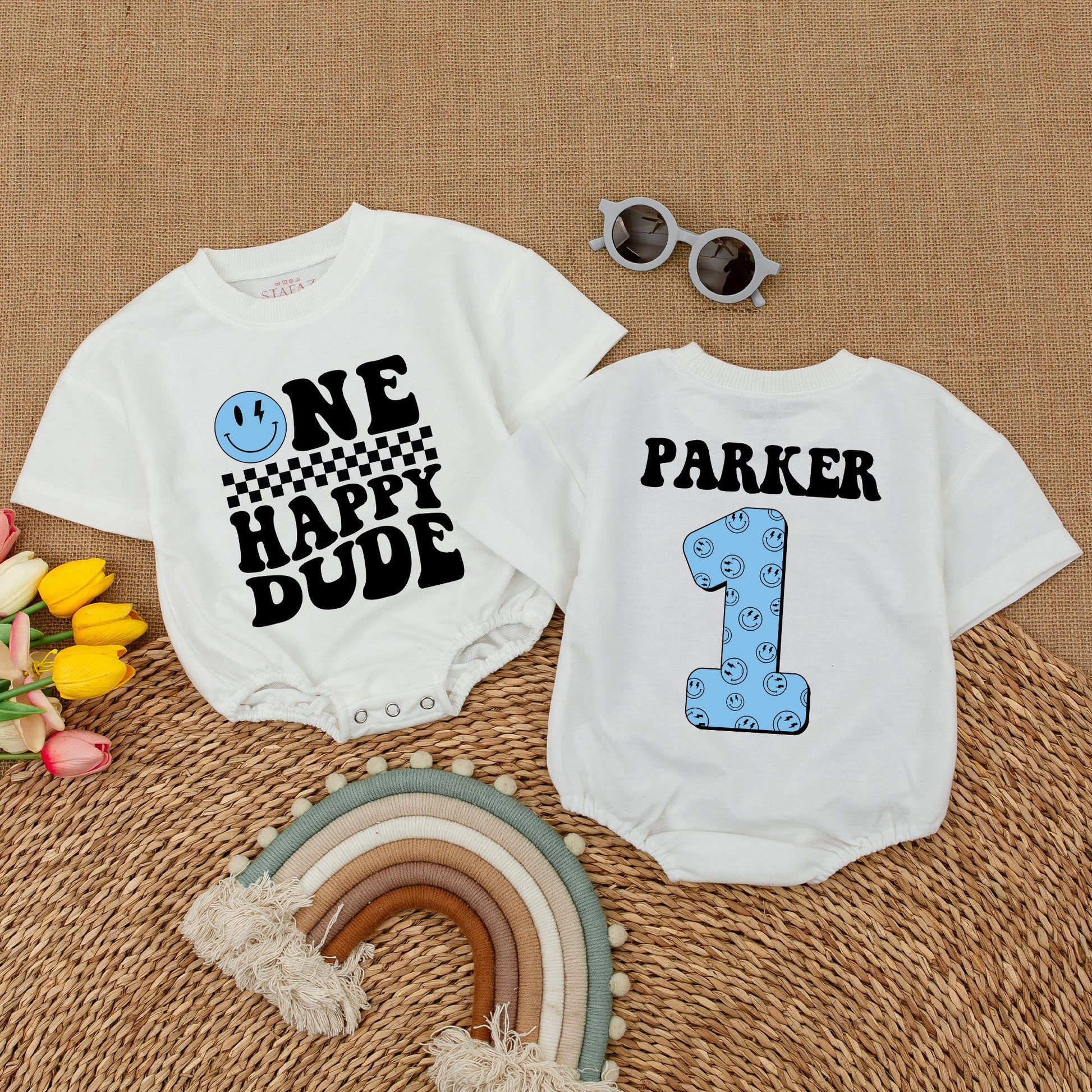 Personalized One Happy Dude Romper, Blue Lightning Bolt Smiley Face Birthday Outfit, Custom Parker First Birthday Clothes, Cool Boy Romper, Matching Family Party (137 chars)