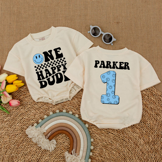 One Happy Dude Personalized Blue Romper - Perfect Birthday Outfit