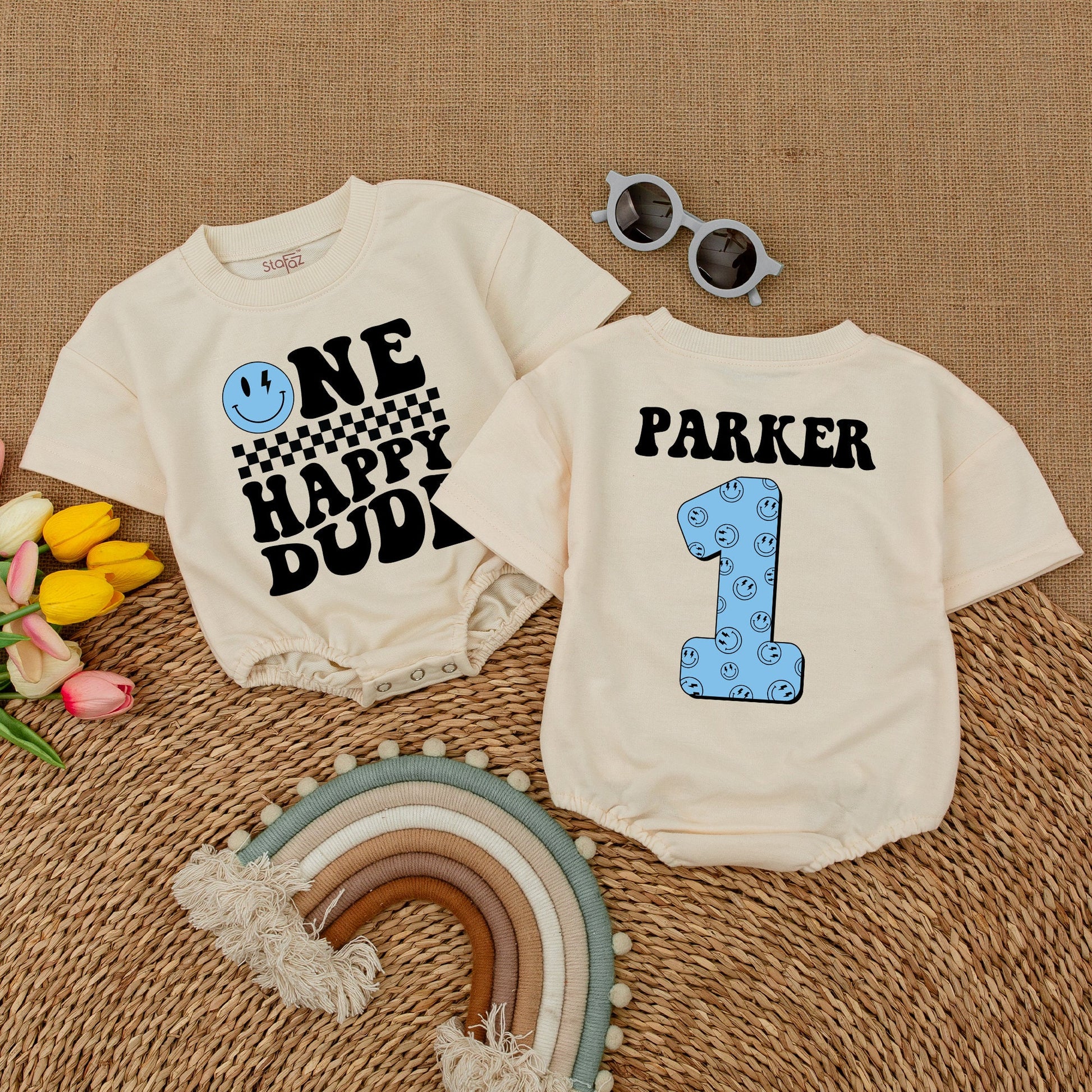 Personalized One Happy Dude Romper, Blue Lightning Bolt Smiley Face Birthday Outfit, Custom Parker First Birthday Clothes, Cool Boy Romper, Matching Family Party (137 chars)