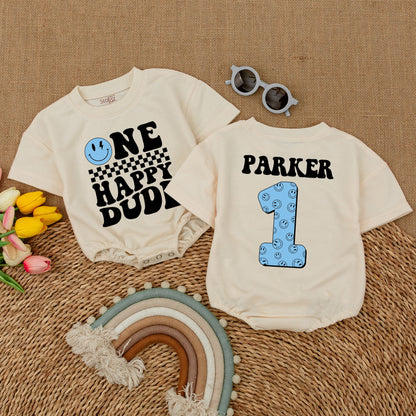 Personalized One Happy Dude Romper, Blue Lightning Bolt Smiley Face Birthday Outfit, Custom Parker First Birthday Clothes, Cool Boy Romper, Matching Family Party (137 chars)