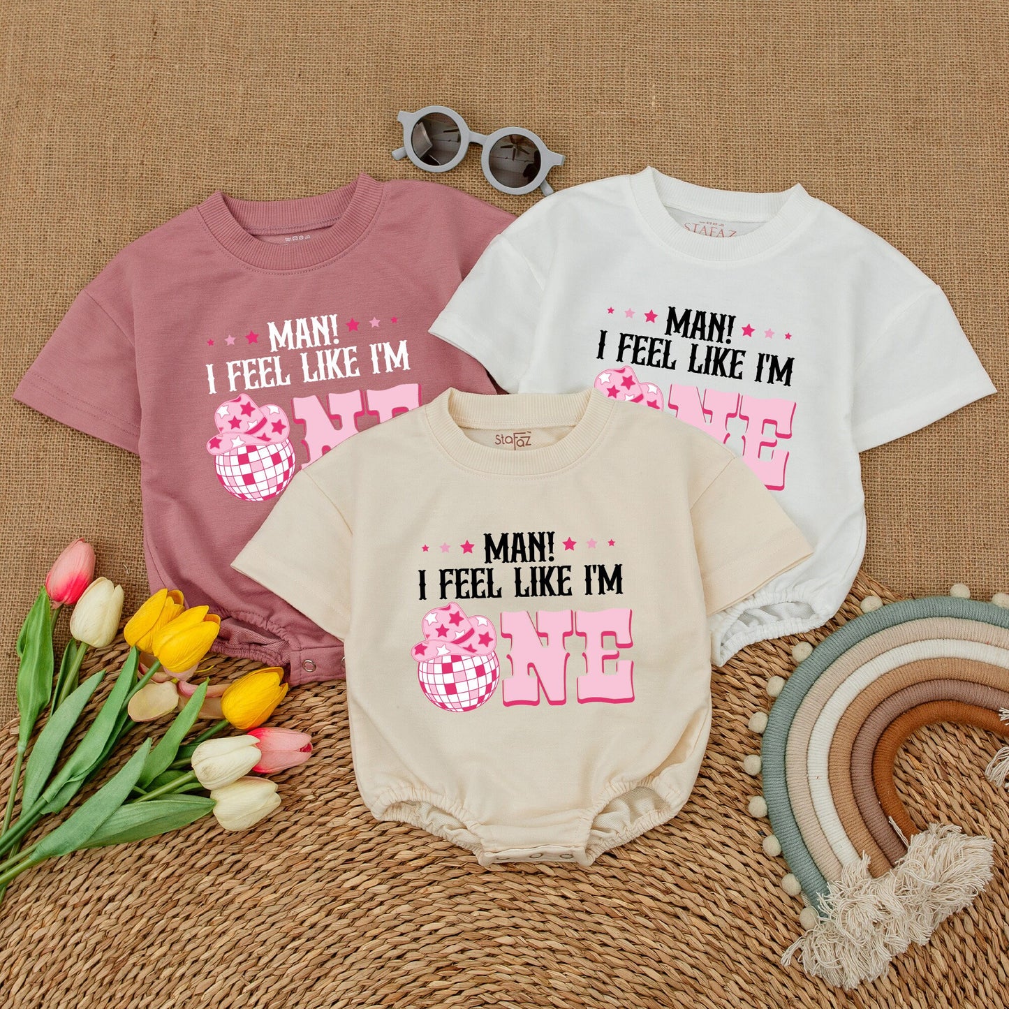 Groovy Cowgirl First Birthday Romper 'Man I Feel Like I'm One' Outfit Short Sleeve My First Rodeo Baby Clothes