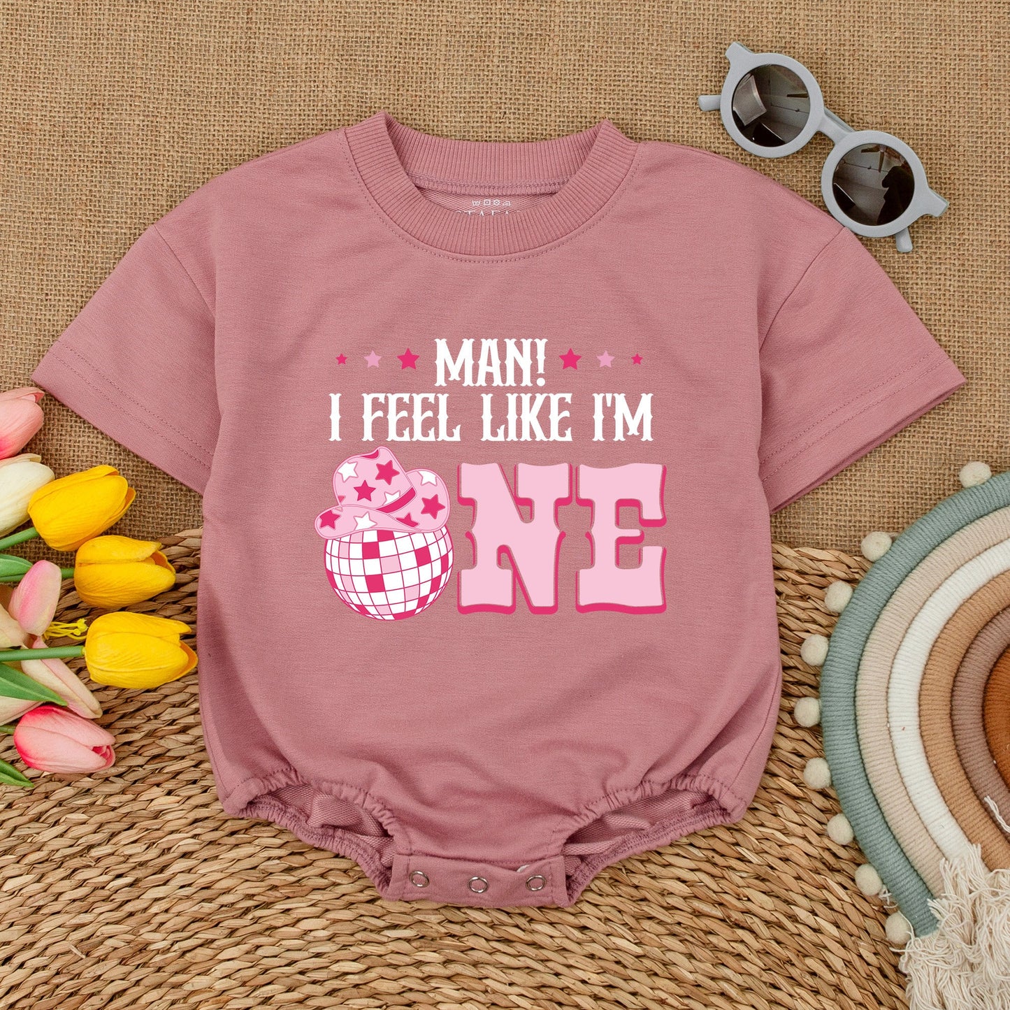 Groovy Cowgirl First Birthday Romper 'Man I Feel Like I'm One' Outfit Short Sleeve My First Rodeo Baby Clothes