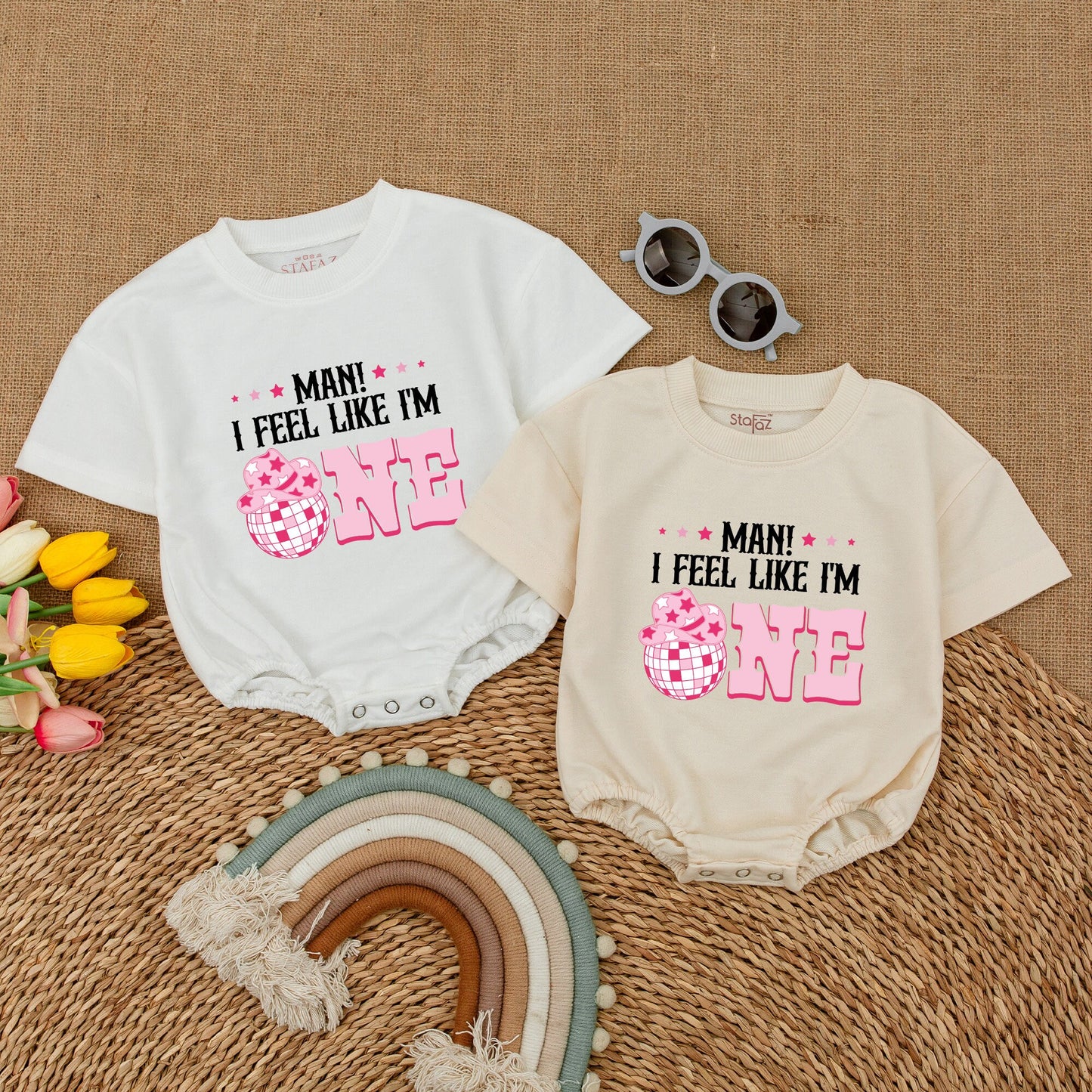 Groovy Cowgirl First Birthday Romper 'Man I Feel Like I'm One' Outfit Short Sleeve My First Rodeo Baby Clothes