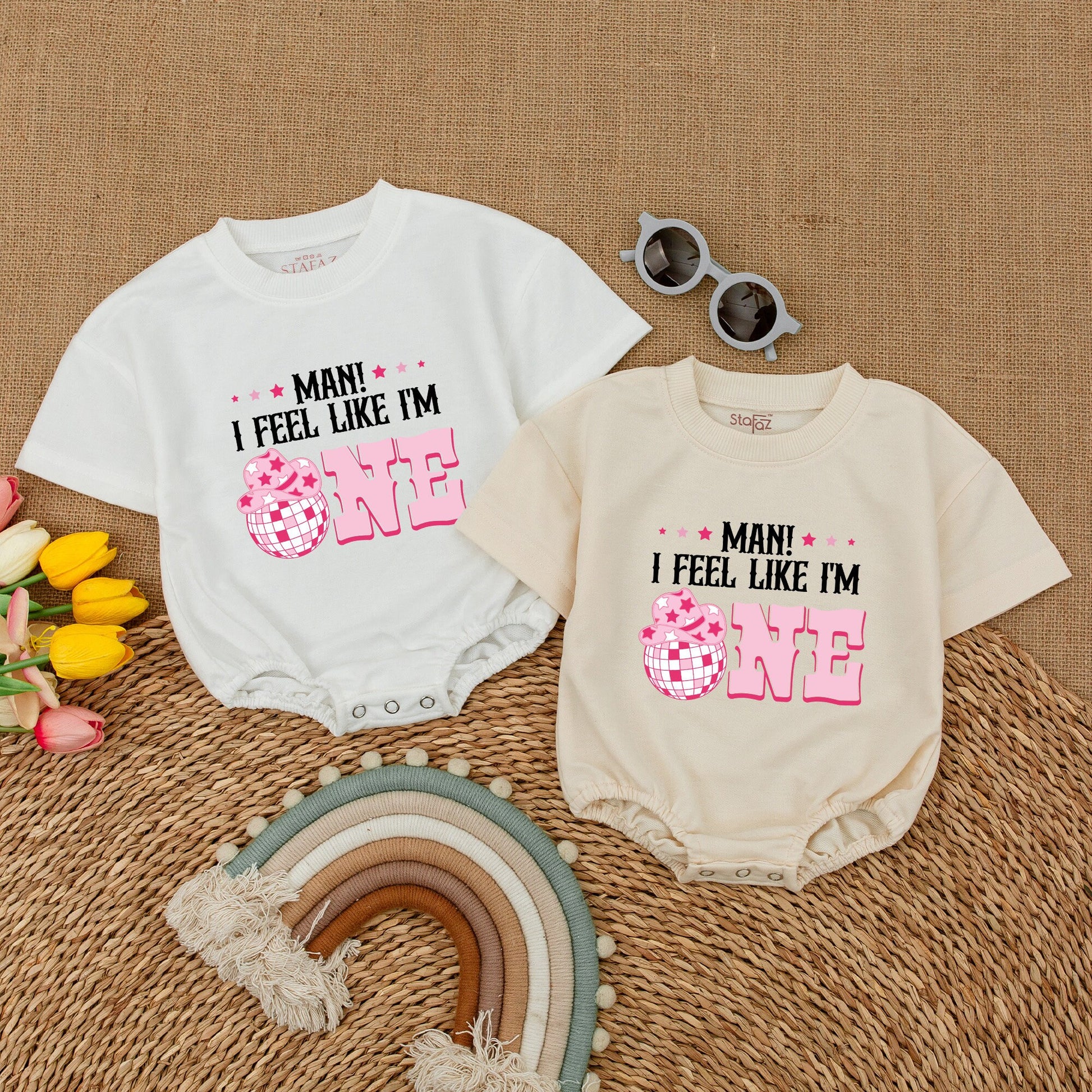 Groovy Cowgirl First Birthday Romper 'Man I Feel Like I'm One' Outfit Short Sleeve My First Rodeo Baby Clothes