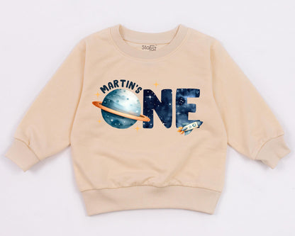Martin's One Space Birthday Sweatshirt, First Trip Around The Sun Outfit, Starry 1st Birthday Boy Clothes, Rocket Ship Tee, Watercolor Astronaut Party 139