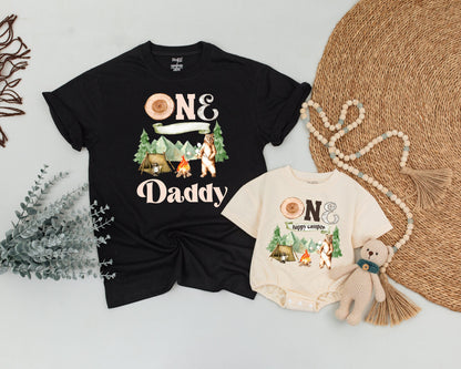 One Happy Camper 1st Birthday Family Matching Shirts Camping Bear Forest Adventure Wood Slice Design for Baby Toddler First Birthday Party