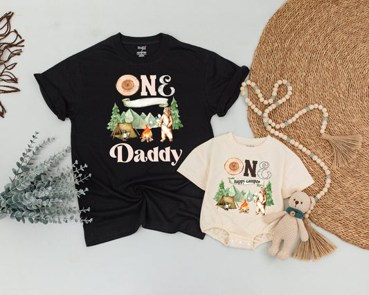 One Happy Camper 1st Birthday Family Matching Shirts Camping Bear Forest Adventure Wood Slice Design for Baby Toddler First Birthday Party