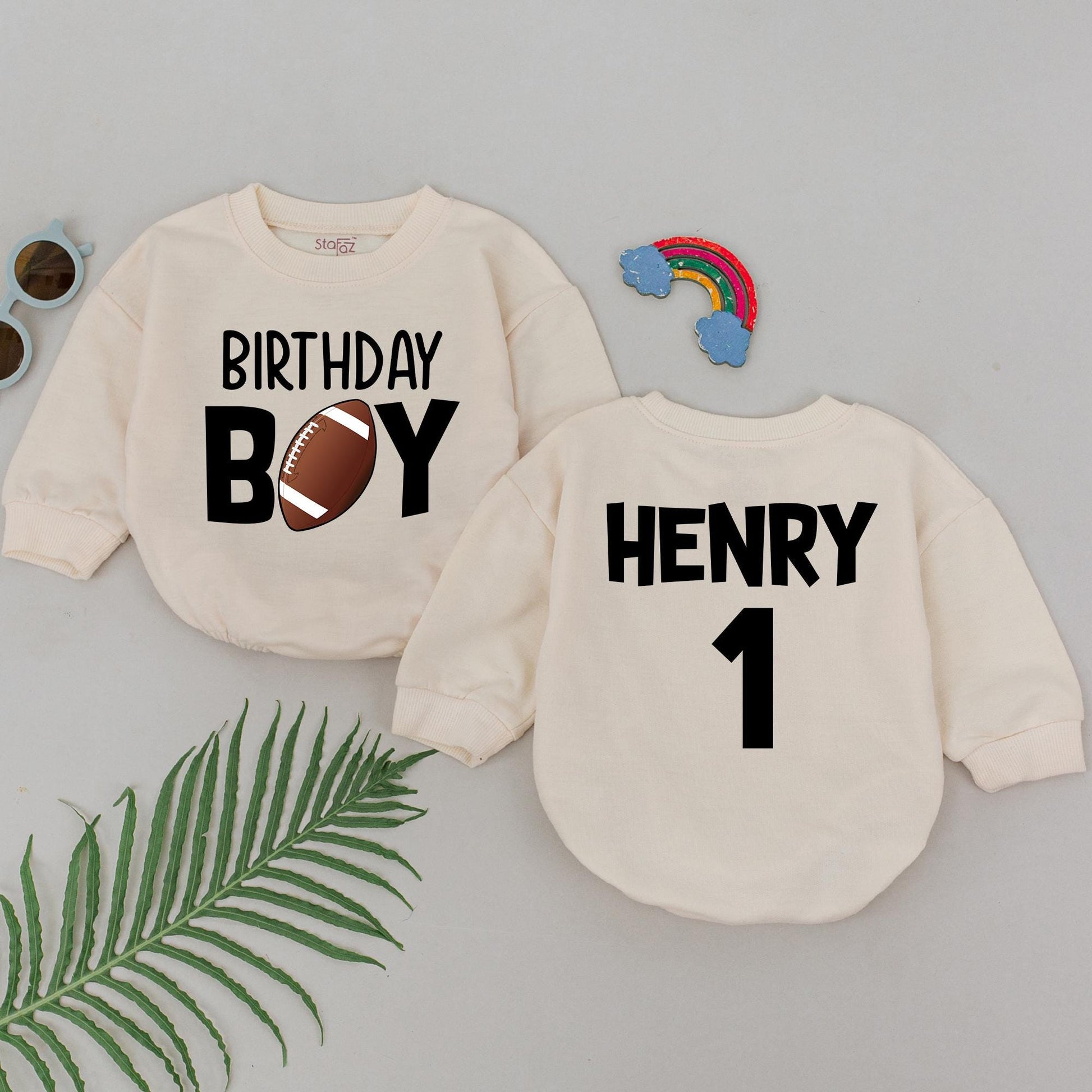 Personalized Football First Birthday Romper, Touchdown Outfit for Baby Boys, 1st Year Down Celebration, Custom Name, Soft Cotton Clothes, Photo Prop (138 chars)