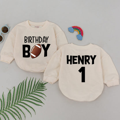 Personalized Football First Birthday Romper, Touchdown Outfit for Baby Boys, 1st Year Down Celebration, Custom Name, Soft Cotton Clothes, Photo Prop (138 chars)