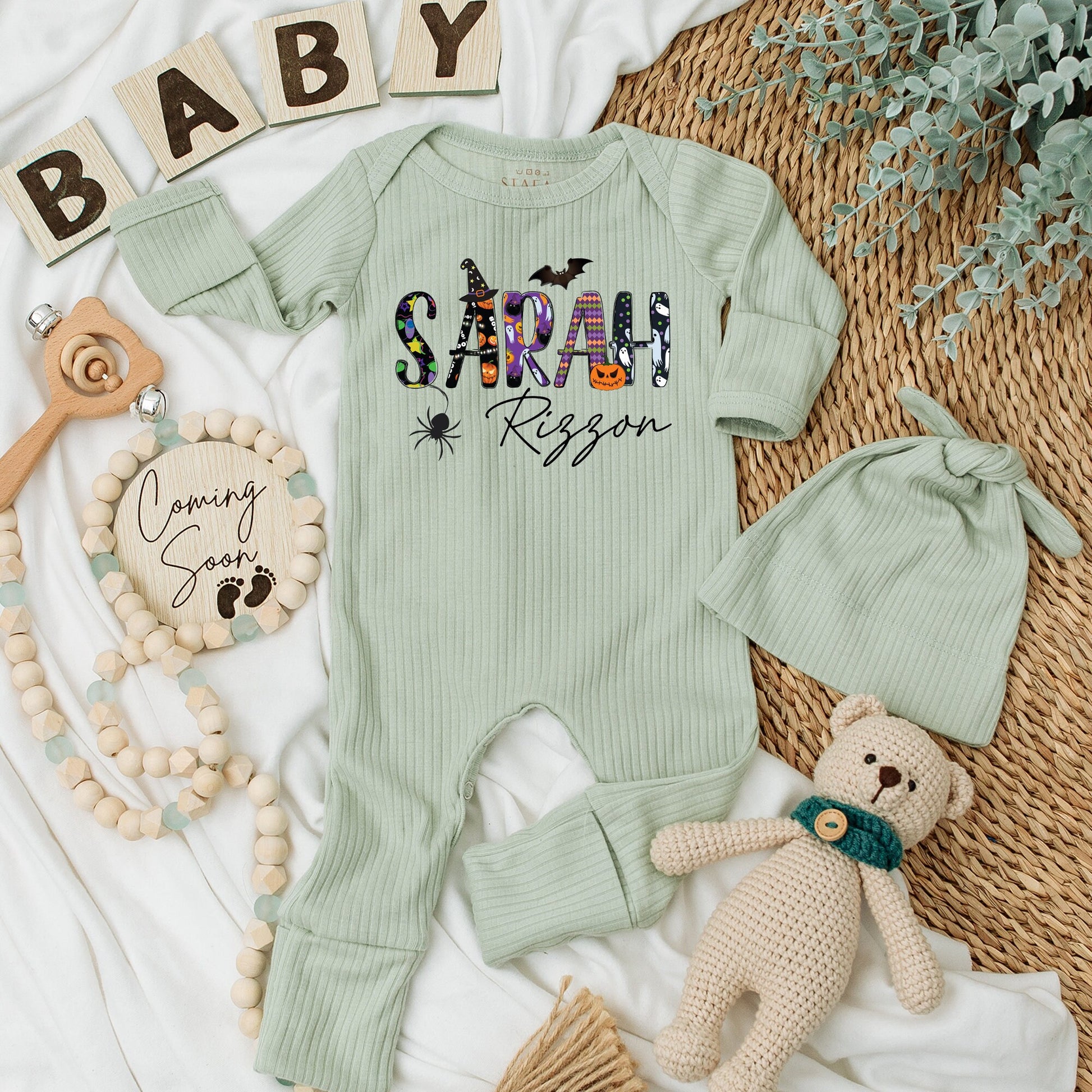 Personalized Halloween Baby Romper - Sarah's Spooky Season Outfit, Custom Name Long Sleeve Romper, Soft Cotton Newborn Gift, Girls & Boys, Fall Fun 139
