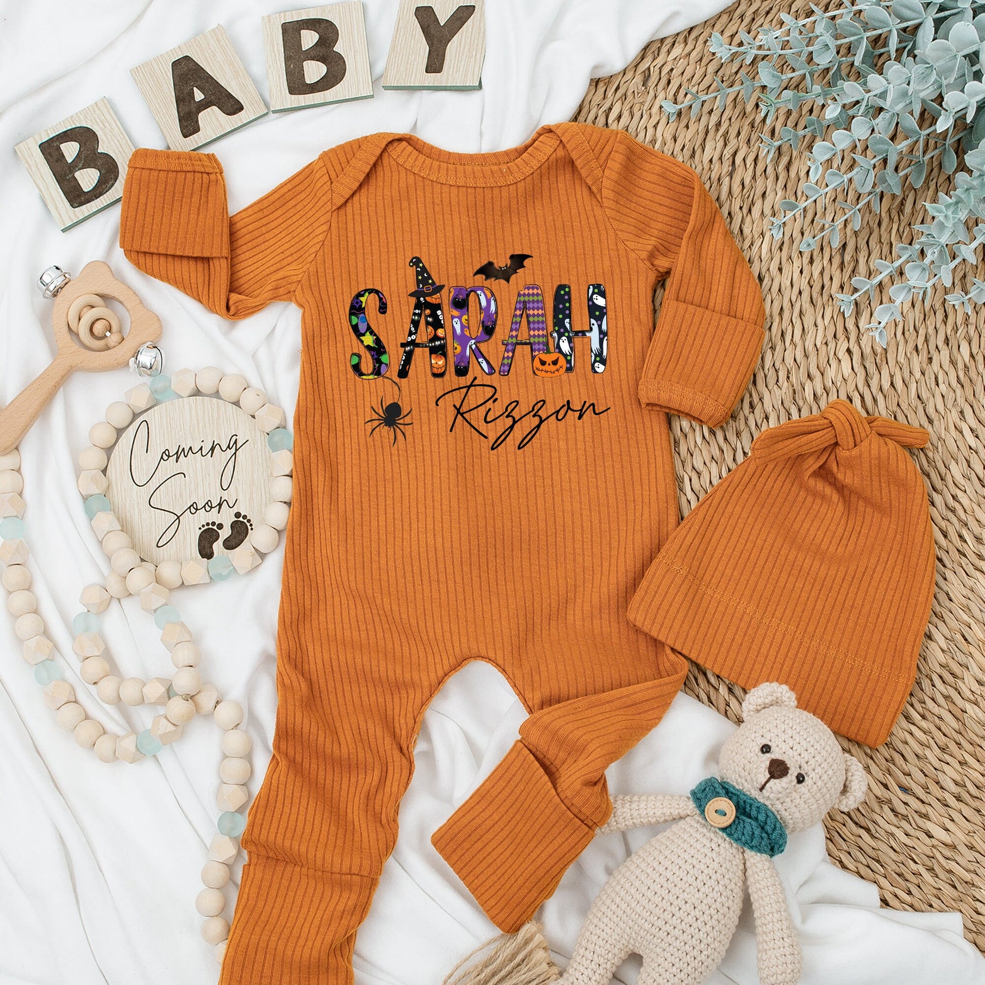 Personalized Halloween Baby Romper - Sarah's Spooky Season Outfit, Custom Name Long Sleeve Romper, Soft Cotton Newborn Gift, Girls & Boys, Fall Fun 139