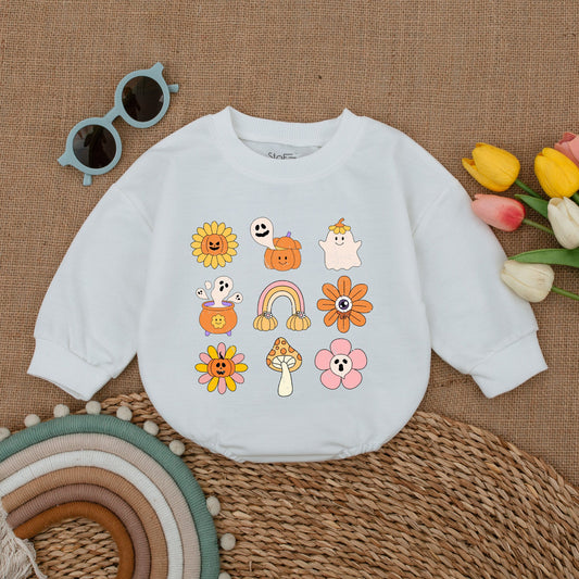 Retro Groovy Halloween Bubble Romper - Fall Baby Bodysuit Outfit