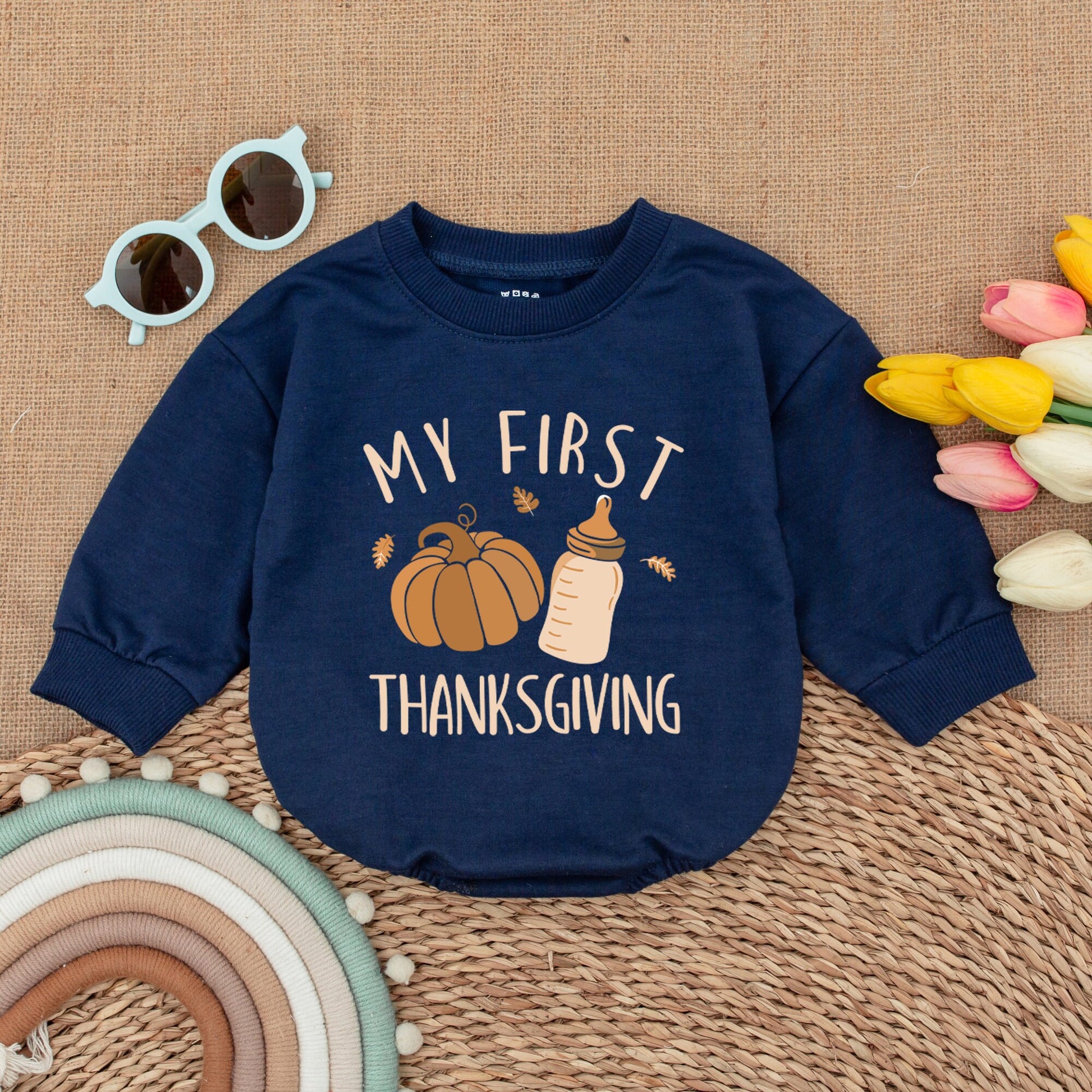 My First Thanksgiving Romper with adorable Pumpkin Design Baby Bodysuit comfy Fall Outfit Bubble Style Infant Announcement Clothes