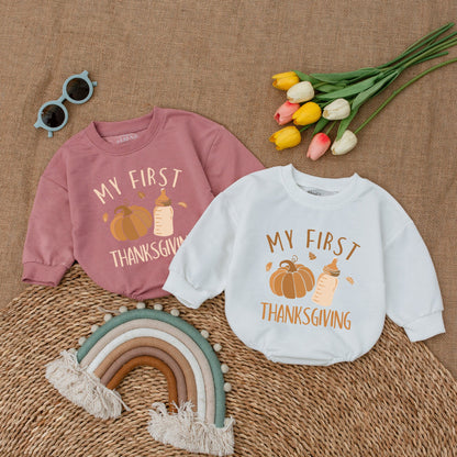 My First Thanksgiving Romper with adorable Pumpkin Design Baby Bodysuit comfy Fall Outfit Bubble Style Infant Announcement Clothes