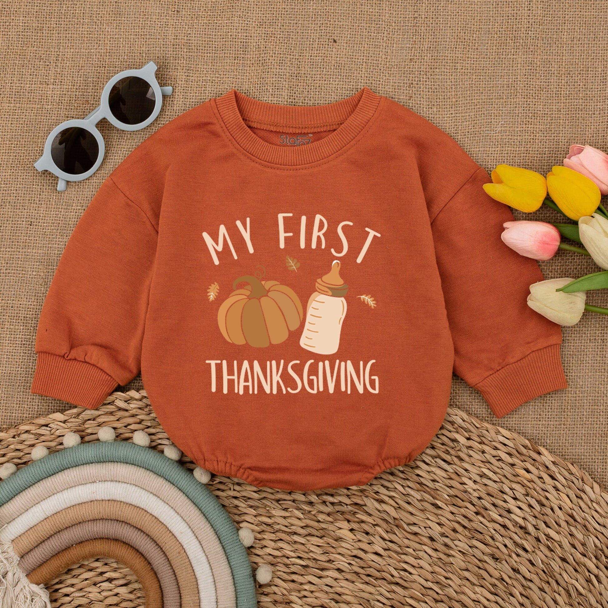 My First Thanksgiving Romper with adorable Pumpkin Design Baby Bodysuit comfy Fall Outfit Bubble Style Infant Announcement Clothes