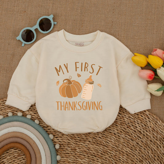 My First Thanksgiving Romper with adorable Pumpkin Design Baby Bodysuit comfy Fall Outfit Bubble Style Infant Announcement Clothes