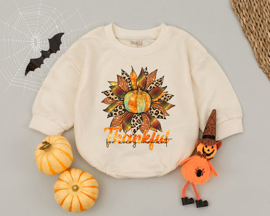 Groovy Pumpkin First Thanksgiving Baby Romper: Retro Fall Outfit