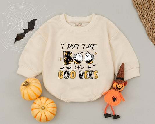 I Put The Boo in Boo Bees Baby Romper First Halloween Ghost Bee Costume Girls Boys Cute Newborn Outfit Floral Bat Design Black White Gold
