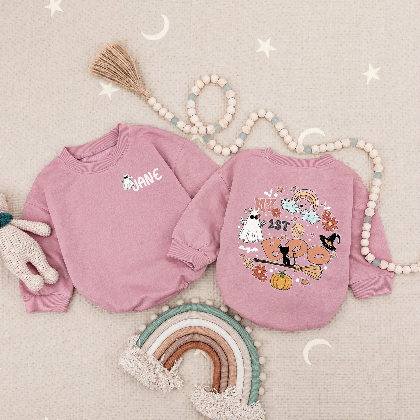 Personalized My 1st Boo Romper: Spooky Cute Halloween Outfit for Baby, Toddler or Infant – Ghost, Cat & Pumpkin Groovy First Halloween Costume (138 chars)