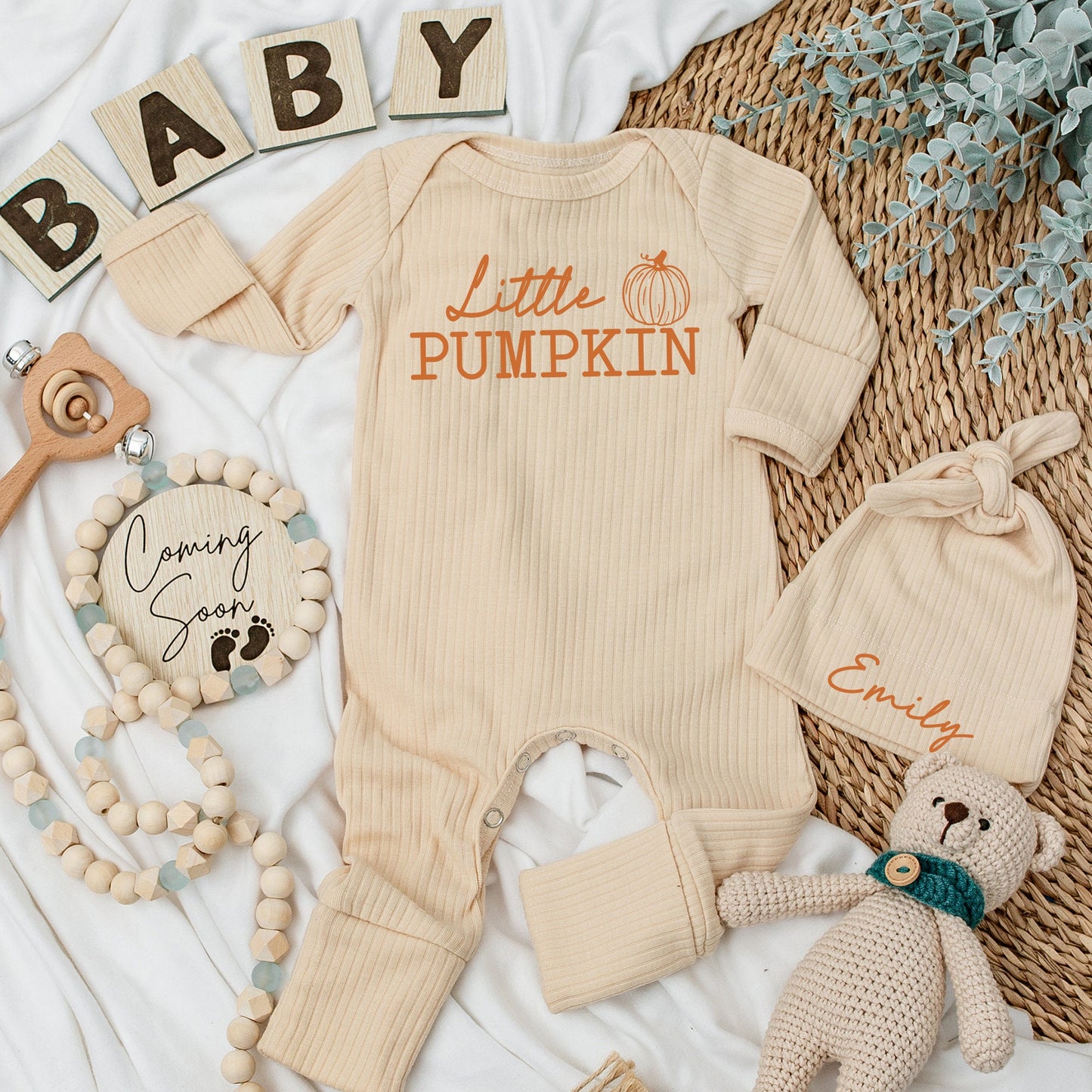 Little Pumpkin Baby Bodysuit & Hat Set Custom Emily Name Cute Fall Outfit Newborn Baby Shower Gift Long Sleeve