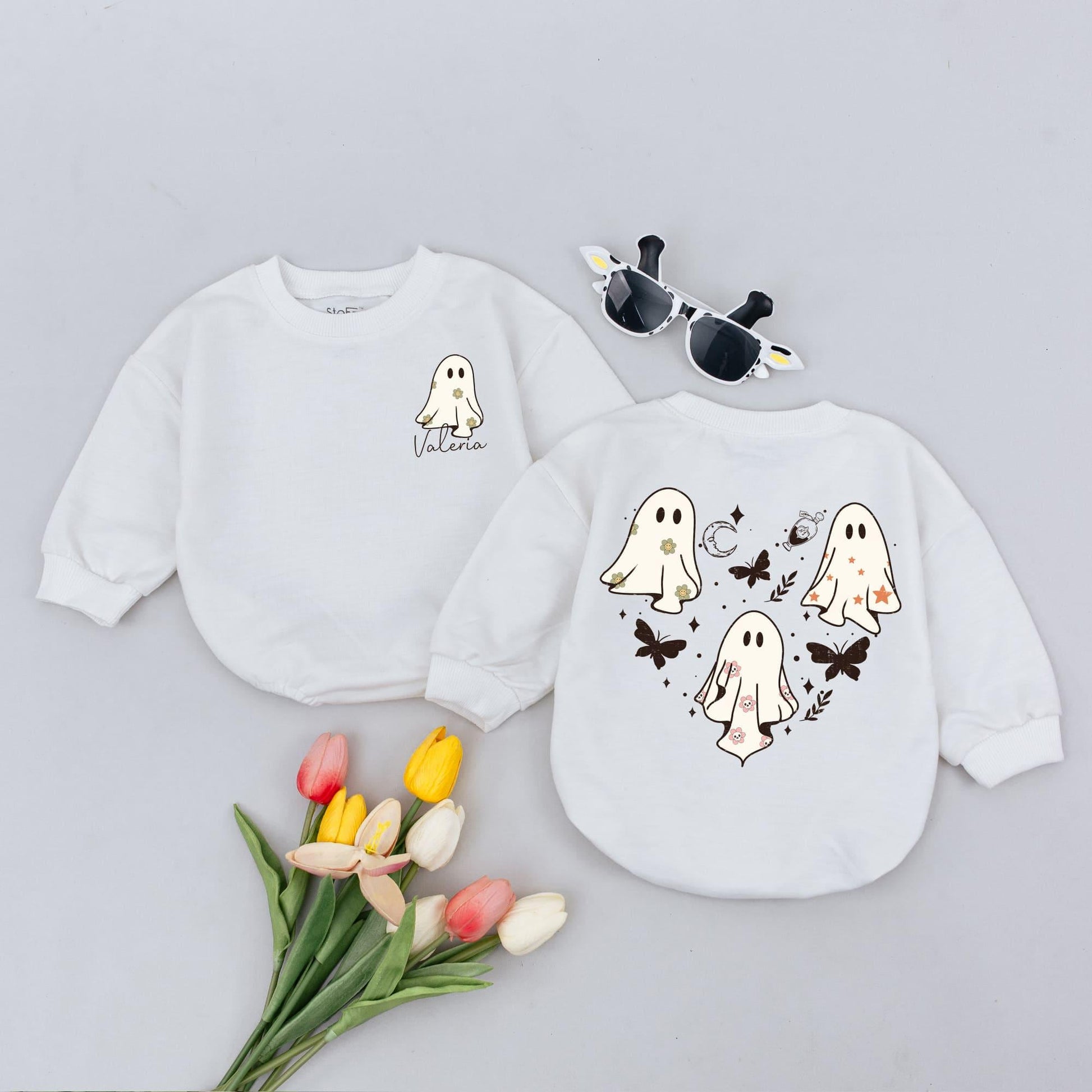 Whimsical Halloween Baby Romper: Cute Ghost Outfit with Personalized Valeria Name, Stars & Moon. Soft Cotton Newborn Clothes, Fall Gift, Party Outfit (139 chars)