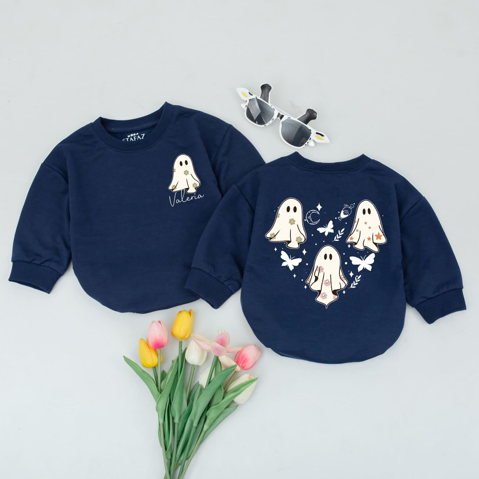 Whimsical Halloween Baby Romper: Cute Ghost Outfit with Personalized Valeria Name, Stars & Moon. Soft Cotton Newborn Clothes, Fall Gift, Party Outfit (139 chars)