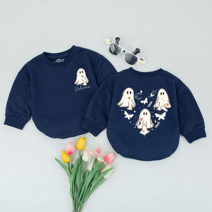 Whimsical Halloween Baby Romper: Cute Ghost Outfit with Personalized Valeria Name, Stars & Moon. Soft Cotton Newborn Clothes, Fall Gift, Party Outfit (139 chars)